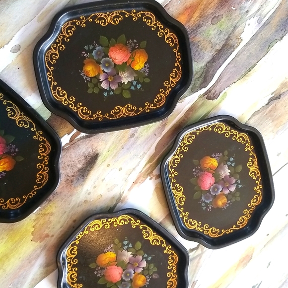 Restaurant TIPS Vtg Shabby England  Floral Decor BLACK Hang Candy Metal 6 Trays - Picture 3 of 16